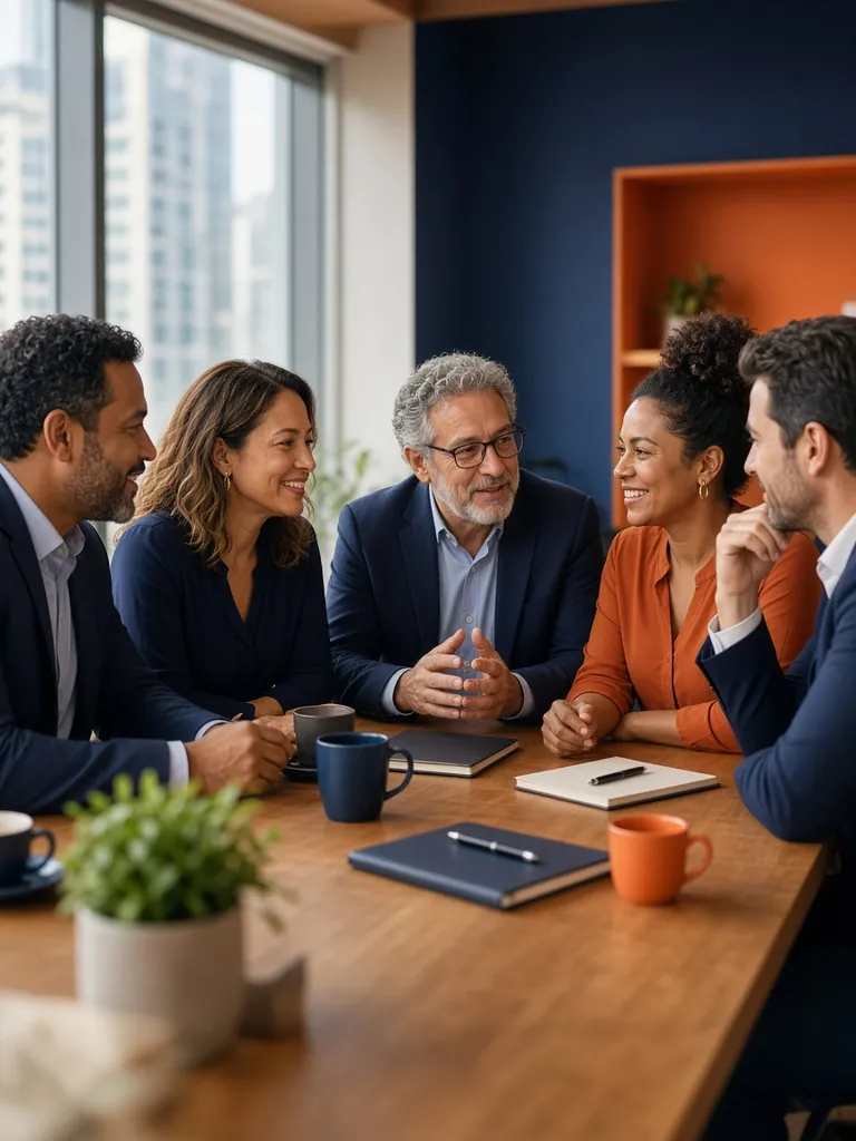 Imagem ilustrativa gerada por IA: cinco profissionais conversando ao redor de uma mesa em um escritório