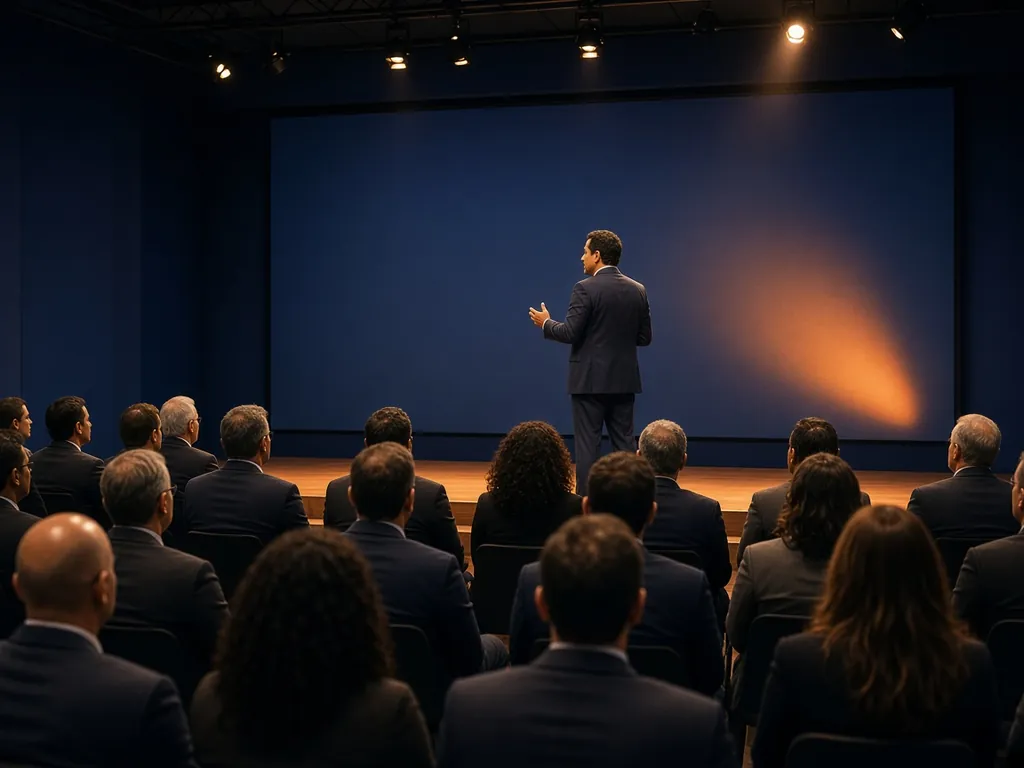 Imagem ilustrativa gerada por IA: palestrante no palco de um auditório, visto do fundo, com o público de costas em primeiro plano