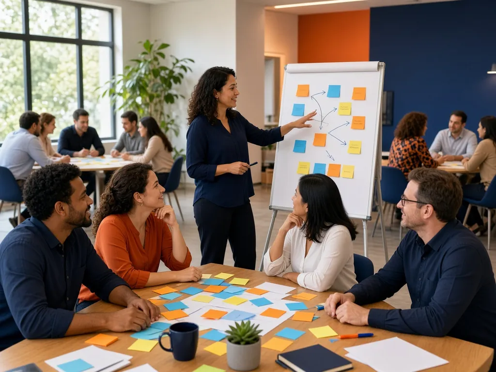 Imagem ilustrativa gerada por IA: facilitadora apontando post-its em um flipchart para um grupo reunido à mesa